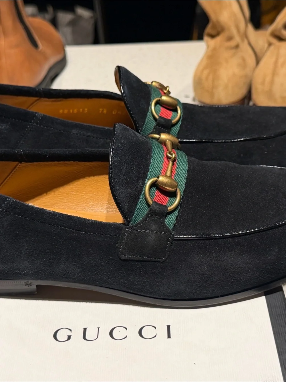 Gucci Black Suede Loafers with Green-Red Web and Gold Horsebit